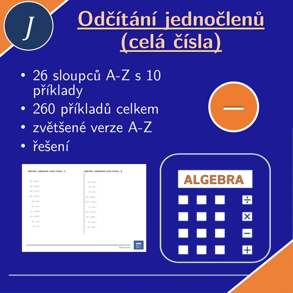 Odčítání jednočlenů (celá čísla), 26 sloupců