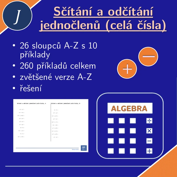 Sčítání a odčítání jednočlenů (celá čísla), 26 sloupců