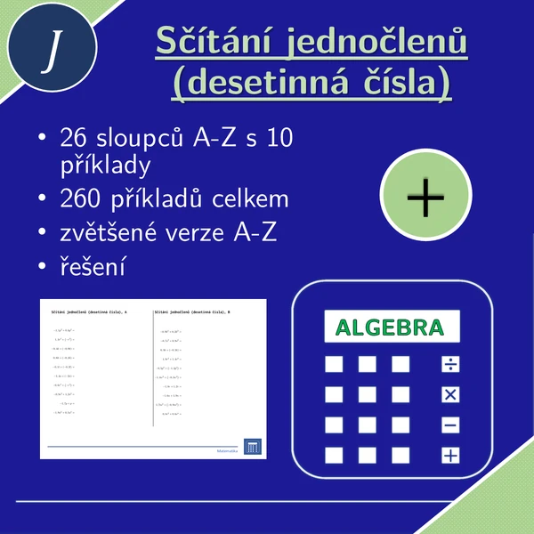Sčítání jednočlenů (desetinná čísla), 26 sloupců