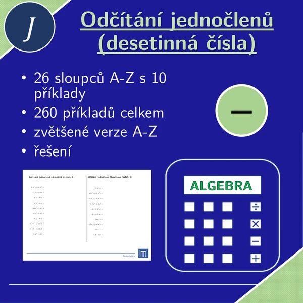 Odčítání jednočlenů (desetinná čísla), 26 sloupců