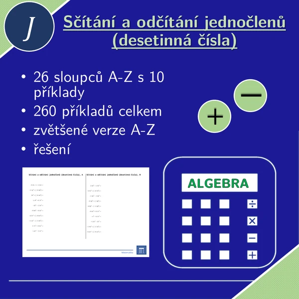 Sčítání a odčítání jednočlenů (desetinná čísla), 26 sloupců