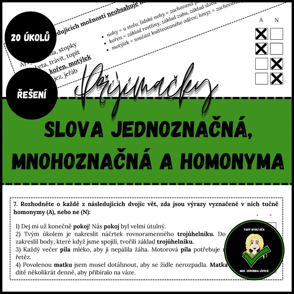 Slova jednoznačná, mnohoznačná a homonyma - přijímačky