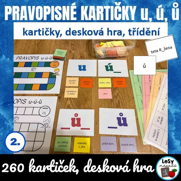 Pravopisné kartičky u, ú, ů + desková hra