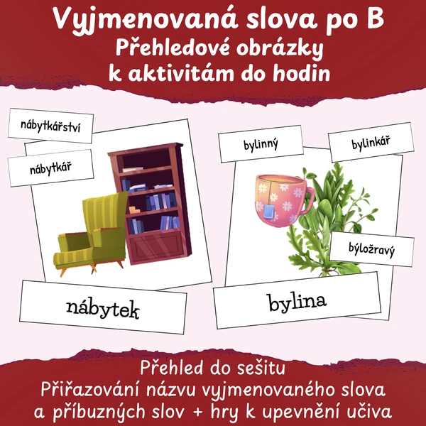 Vyjmenovaná slova po B - přehledové obrázky k aktivitám do hodin