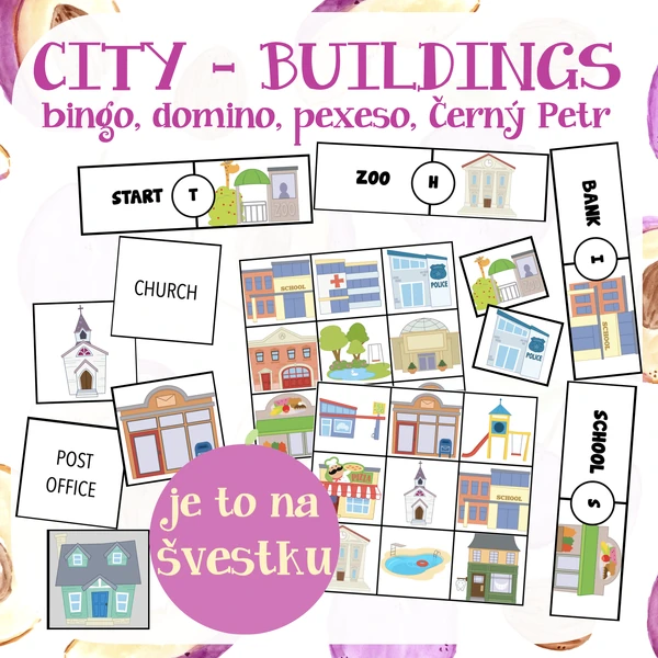 City - buildings - bingo, pexeso, domino s tajenkou, Černý Petr
