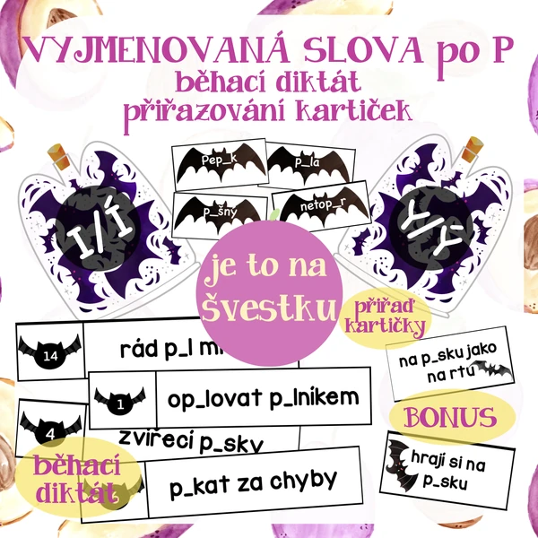 Vyjmenovaná slova po P - běhací diktát, přiřazování kartiček