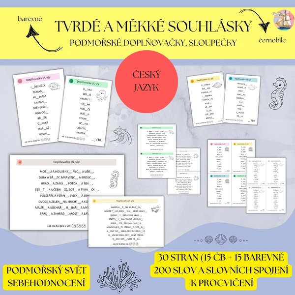 Tvrdé a měkké souhlásky - sloupečky, doplňovačky