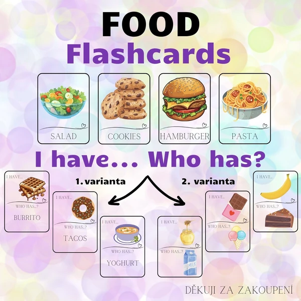 FOOD - flashcards, I have. Who has? - 2 varianty hry - 132 KARTIČEK