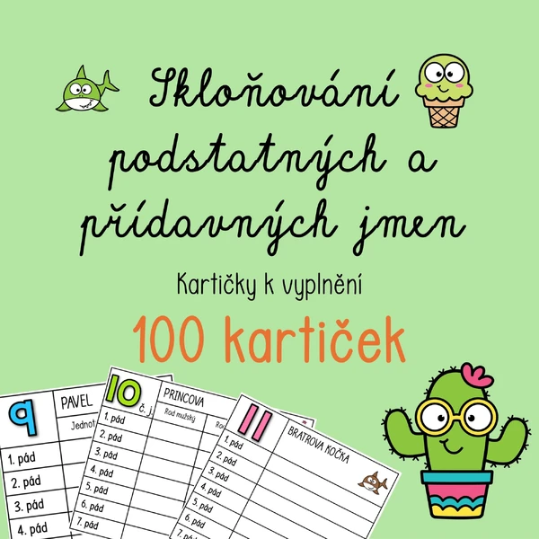 Skloňování podstatných a přídavných jmen - barevné KARTIČKY
