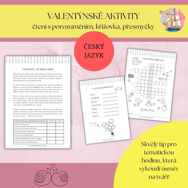 Valentýnské aktivity - čtení s porozuměním, křížovka a přesmyčky