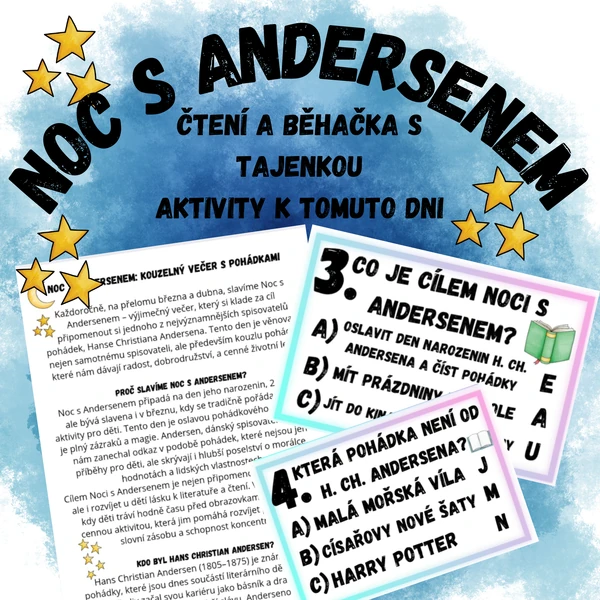 Noc s Andersenem - čtení a běhačka s tajenkou, aktivity k tomuto dni
