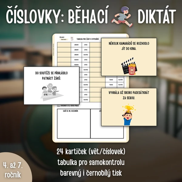 ČÍSLOVKY: běhací diktát (24 karet a samokontrola)