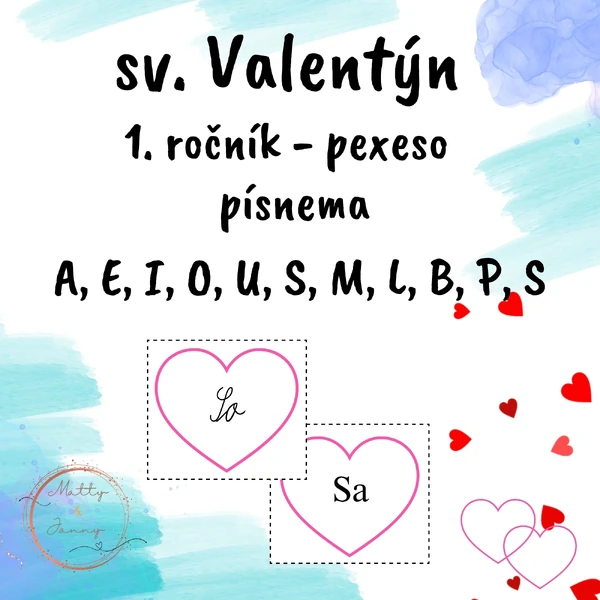 Valentýnské pexeso - písmena A, E, I, O, U, S, M, L, B, P, S