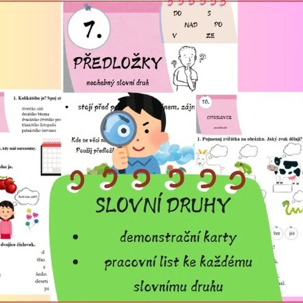 Slovní druhy - demonstrační karty + procvičovací list