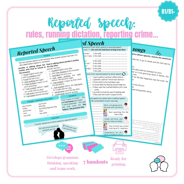 Reported speech - handout, songs, grammar practice, speaking, crime B1/B1+ (SŠ)