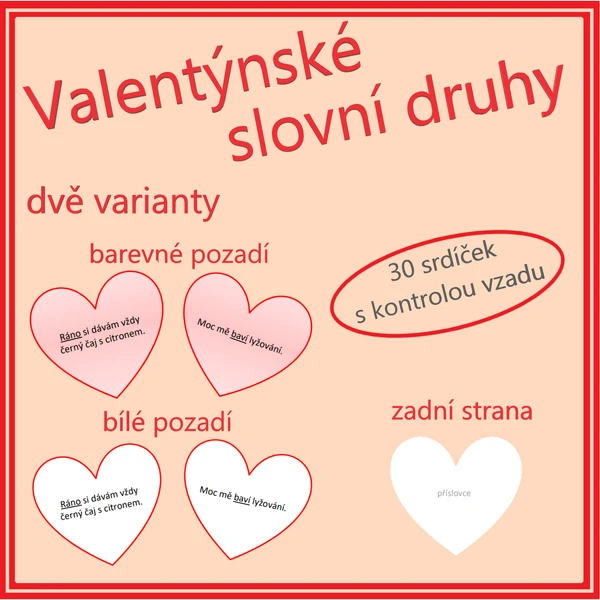 Valentýnské slovní druhy (srdíčka)