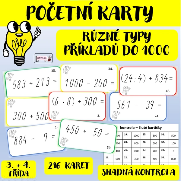 Sada kartiček - aritmetika do 1000