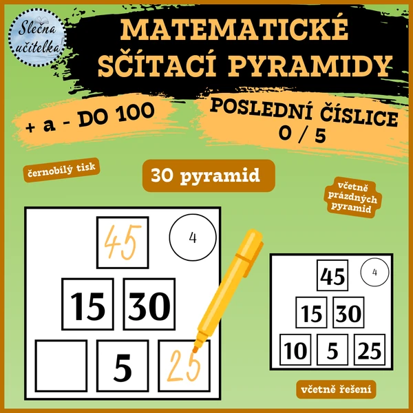 MATEMATICKÉ SČÍTACÍ PYRAMIDY (+, - do 100, poslední číslice 0/5)