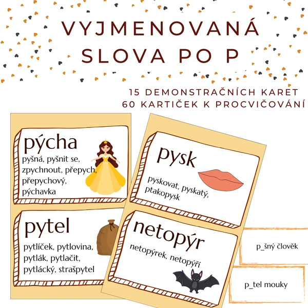 Vyjmenovaná slova po P - demonstrační karty, běhací diktát