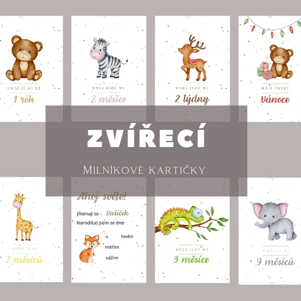 Zvířecí milníkové kartičky s tečkovaným pozadím