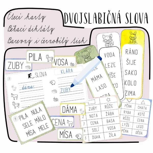 Dvojslabičná slova - čtecí tabulky a běhací diktáty