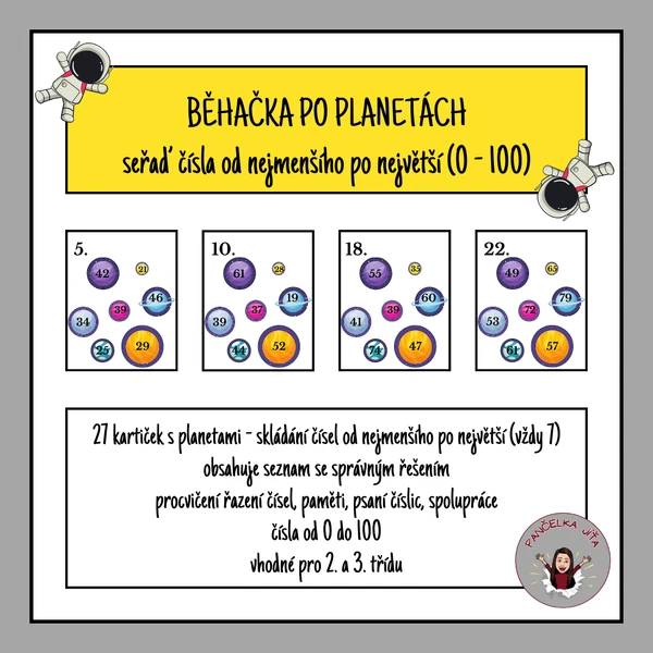 Běhačka po planetách - seřaď čísla od nejmenšího po největší (0-100)