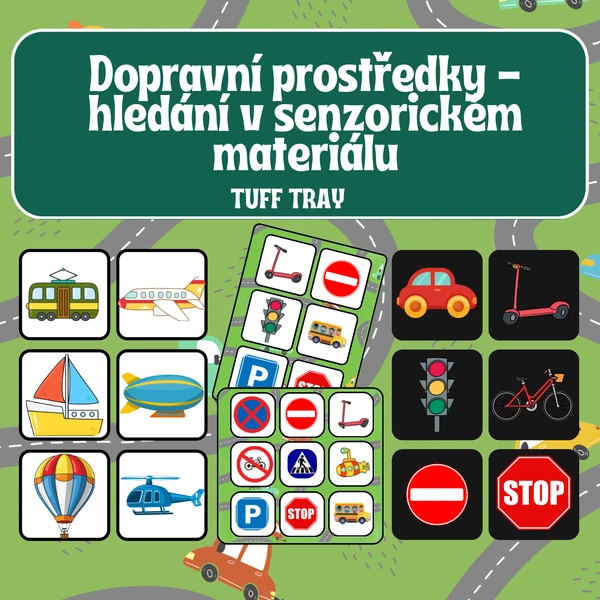 Dopravní prostředky - hledání v senzorickém materiálu - TUFF TRAY