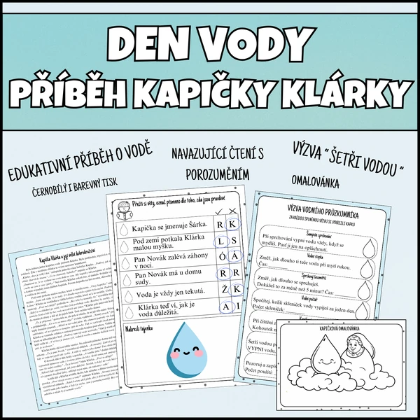 DEN VODY - edukativní příběh, čtení s porozuměním, výzva "šetři vodou"