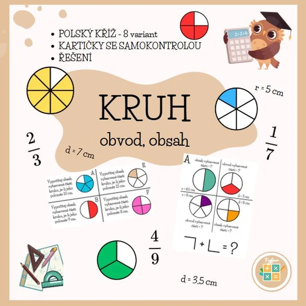 KRUH - obvod, obsah - polský kříž, kartičky