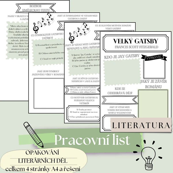 Pracovní list, Opakování literárního díla - Fitzgerald - Velký Gatsby