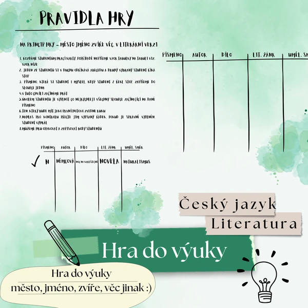 Hra do výuky, město, jméno, zvíře, věc v literární verzi pro SŠ
