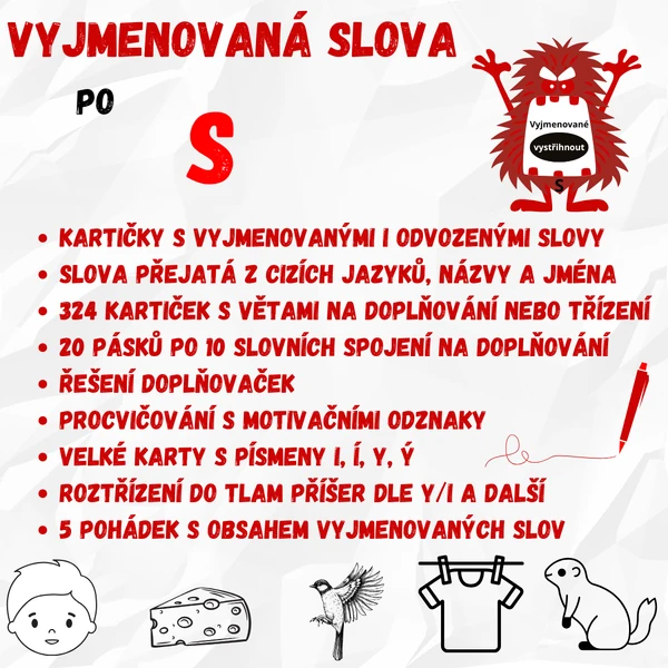 Vyjmenovaná slova po S - kartičky, testy, doplňování, významy slov