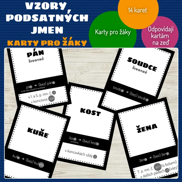 Vzory podstatných jmen - karty pro žáky
