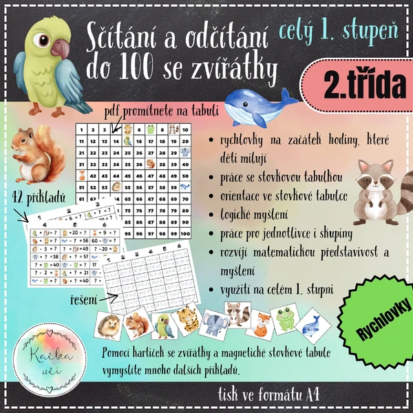 Sčítání a odčítání do 100 se zvířátky - stovková tabulka