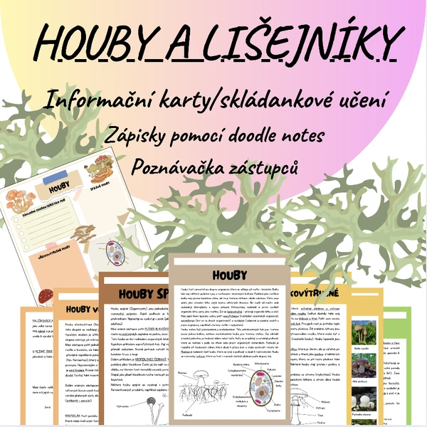 Houby a lišejníky - informační karty/skládankové učení