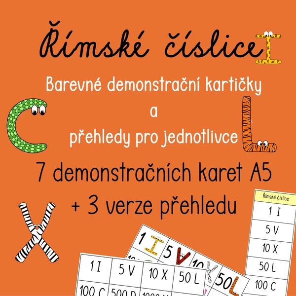 Římské číslice - Demonstrační kartičky a přehledy pro žáky