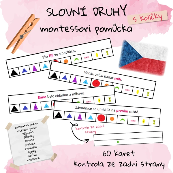 Slovní druhy s kolíčky (Montessori pomůcka)