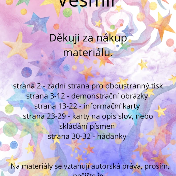 Vesmír - demonstrační obrázky, karty na opis slov, hádanky 