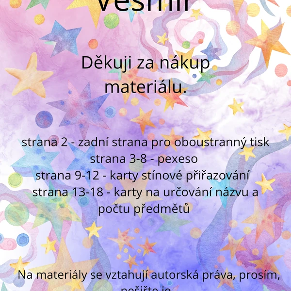 Vesmír - pexeso, stínové karty, kolíčkování počtu a prvního písmene 