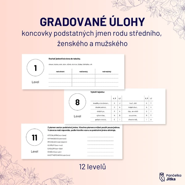 Gradované úlohy - koncovky podstatných jmen rodu středního, ženského a mužského