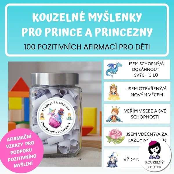 Afirmační sklenice Afirmační karty pro děti Fantasy Princové a princezny