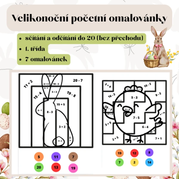Velikonoční početní omalovánky (+,- do 20 bez přechodu)