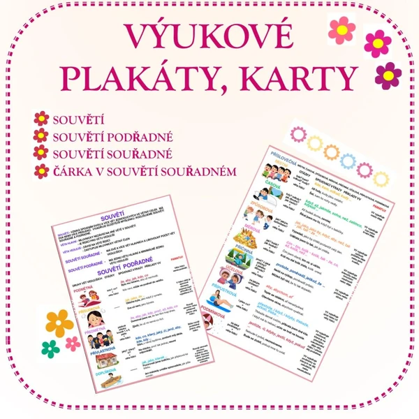 Výukové plakáty/karty - souvětí souřadné a souvětí podřadné