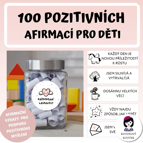 Afirmační sklenice Afirmační karty pro děti Laskavost Láska