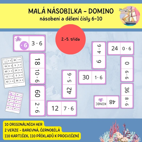 Malá násobilka - domino (násobení a dělení čísly 6, 7, 8, 9, 10)