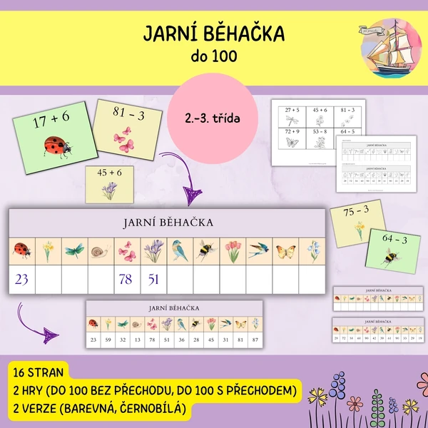 Jarní matematická běhačka - do 100 (bez přechodu, s přechodem)