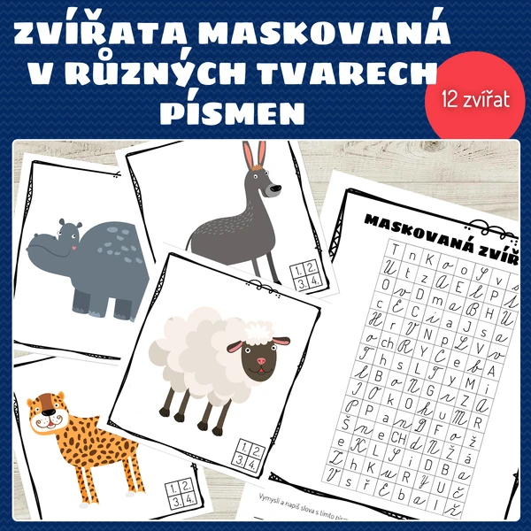 Zvířata maskovaná v různých tvarech písmen