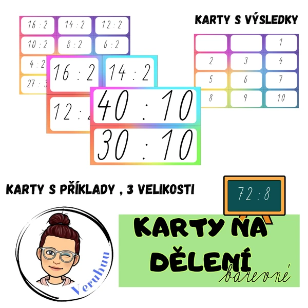 Karty na dělení - barevné, 3 velikosti