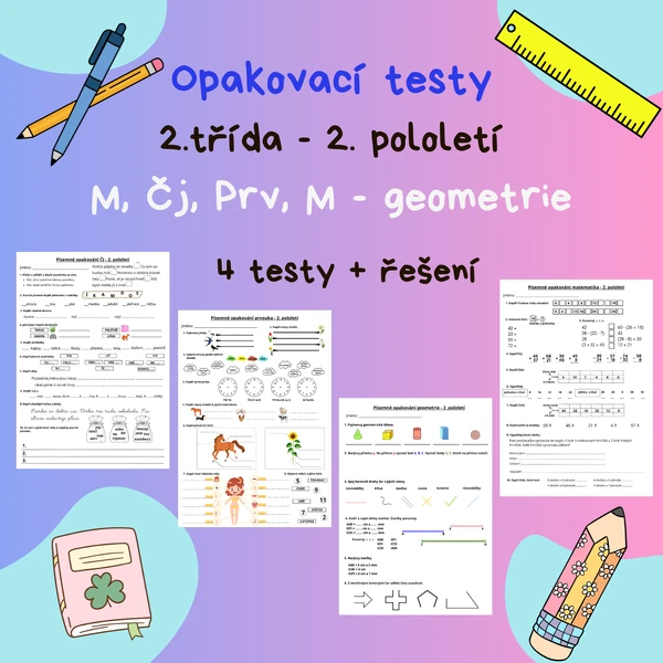 Opakovací testy 2.třída - 2. pololetí M, Čj, Prv, M-G