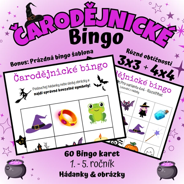 🧙‍♀️ Čarodějnické BINGO – 3×3 a 4×4 | Hádanky & obrázky🧙‍♀️ 
